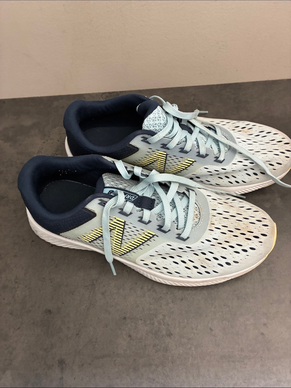 New Balance Women’s Light Blue and Navy Lace-Up Sneakers with Yellow Accents